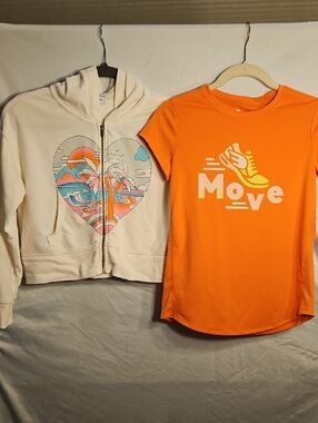 Old Navy Sweatshirt & Bright Orange 'Move' Graphic Active Tee.    Size L (10-12)